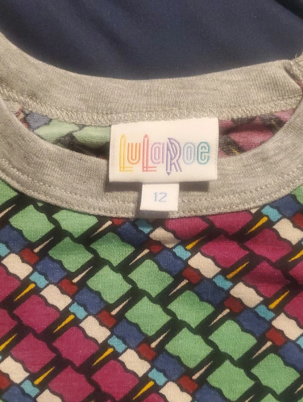 LuLaRoe Long-Sleeve Raglan Tee in Gray with Pink, Mint & Navy Geometric Print